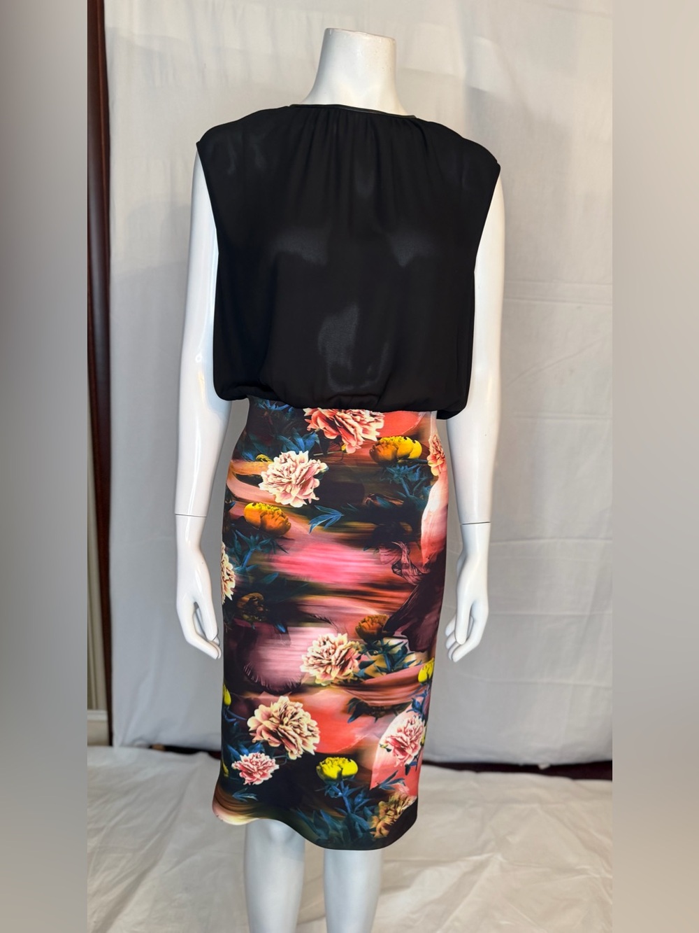 Clover Canyon Black Floral-Panel Pencil Skirt with Pink & Yellow Accents